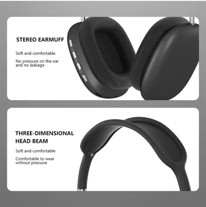 "Bluetooth headphones with HiFi stereo, noise cancelling, over-ear design, soft cushioning, and sleek black finish."