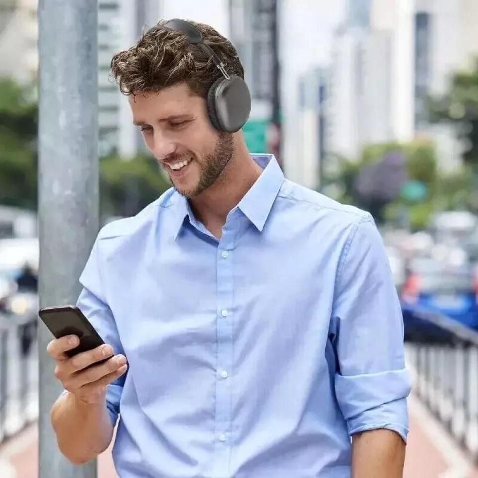 "Bluetooth headphones with HiFi stereo, noise cancelling, over-ear design, soft cushioning, and sleek black finish."
