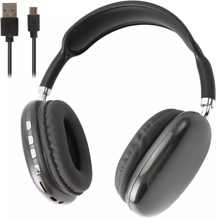 "Bluetooth headphones with HiFi stereo, noise cancelling, over-ear design, soft cushioning, and sleek black finish."