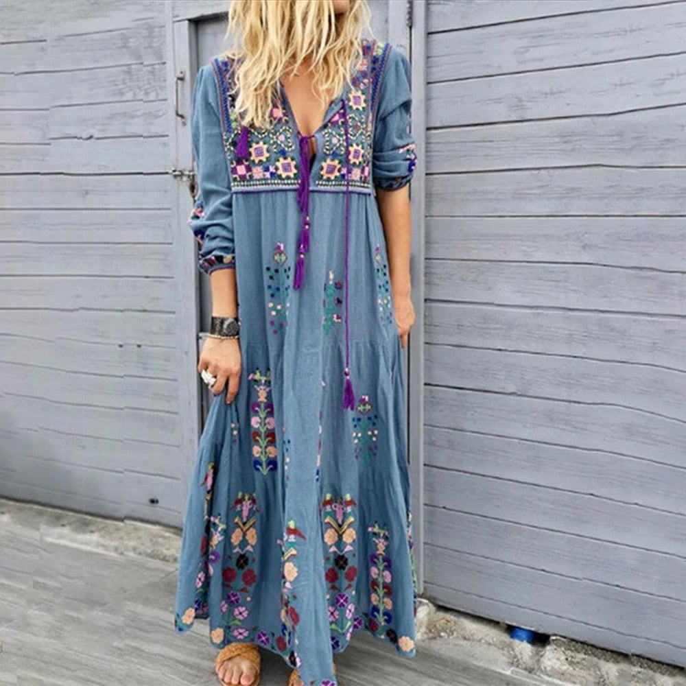 Elegant women's light blue vintage style midi dress, perfect for summer casual chic or occasion wear.