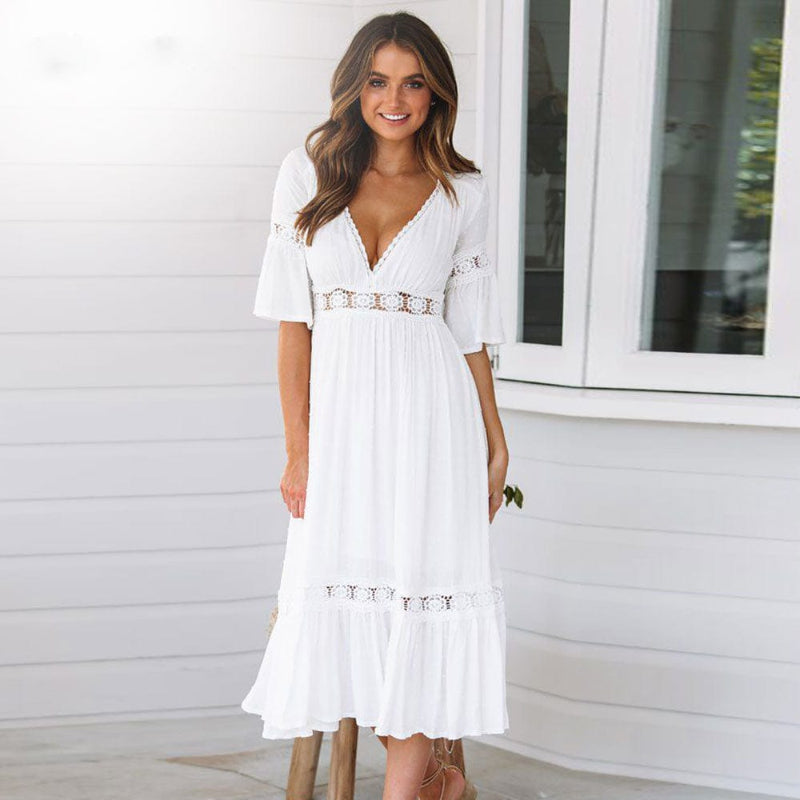 Women's white V-neck midi dress with delicate lace trim & elegant flutter sleeves. Perfect for summer beach or casual wear.