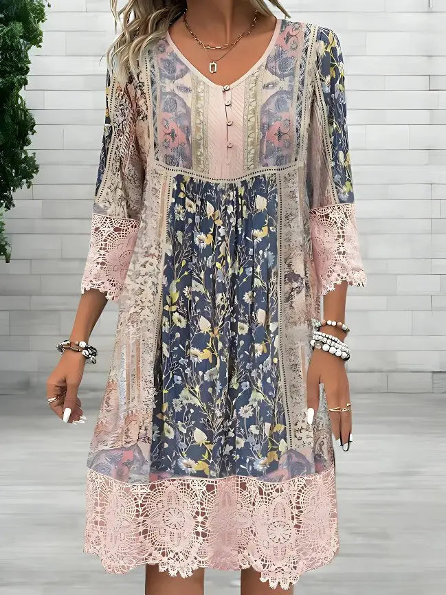 Elegant women's V-neck floral boho midi dress with delicate lace trim, perfect for fall and winter fashion.