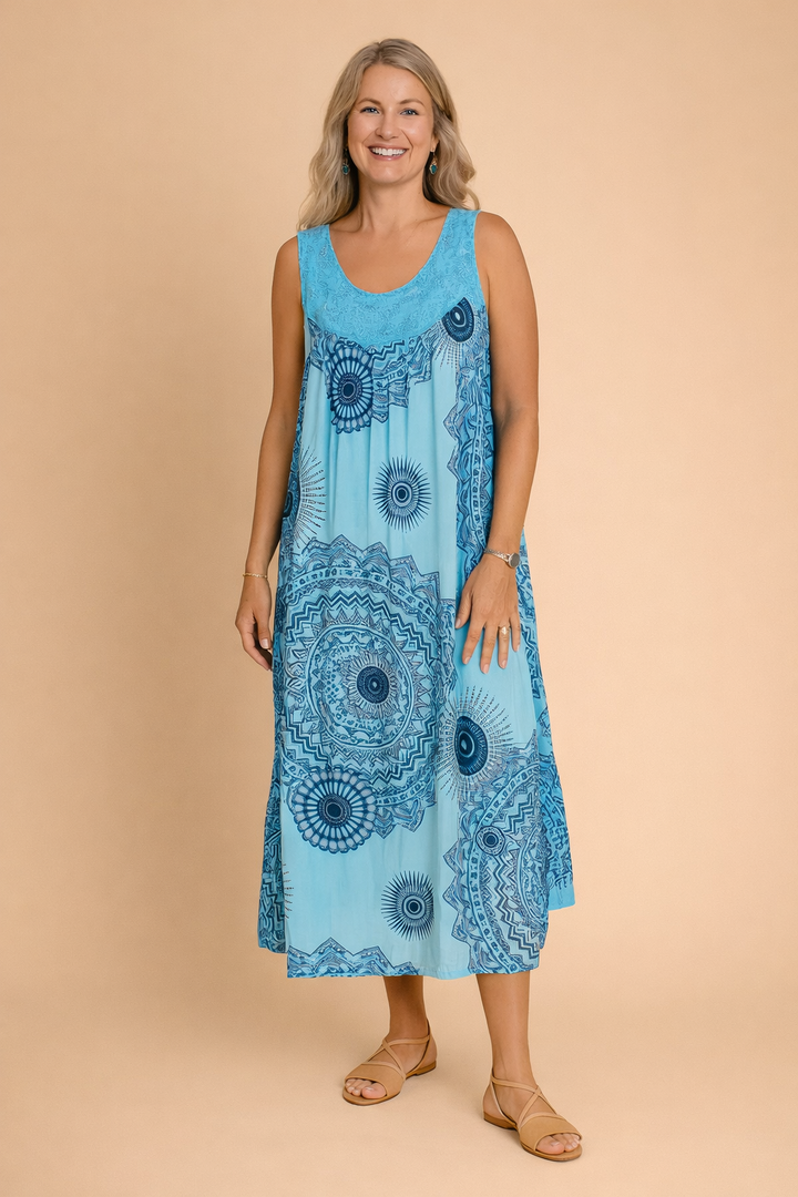Patterned bohemian midi dress for women, relaxed sleeveless summer style, perfect for casual looks.