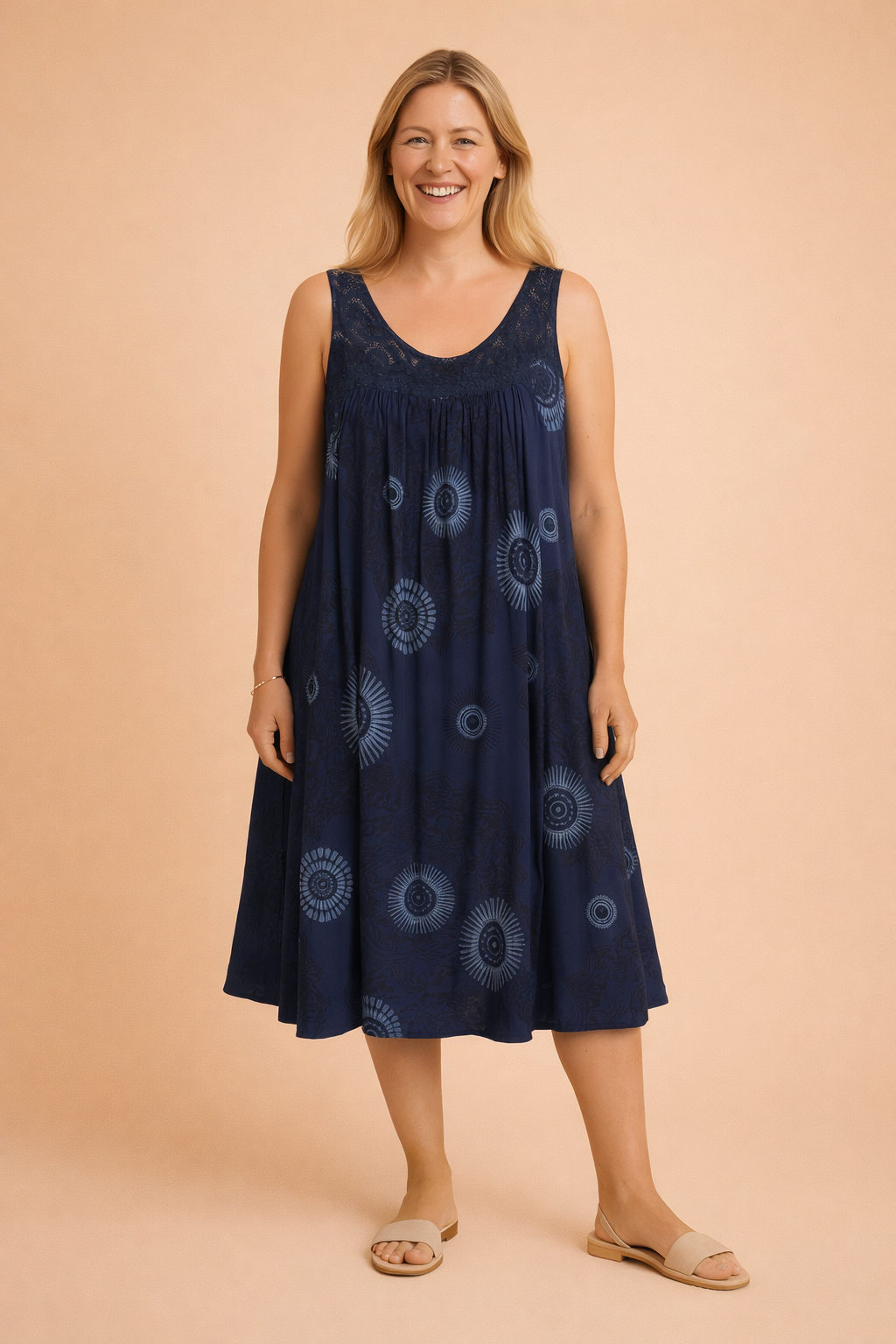 Women's sleeveless bohemian midi dress, relaxed fit, perfect for summer fashion & vacation outfits.