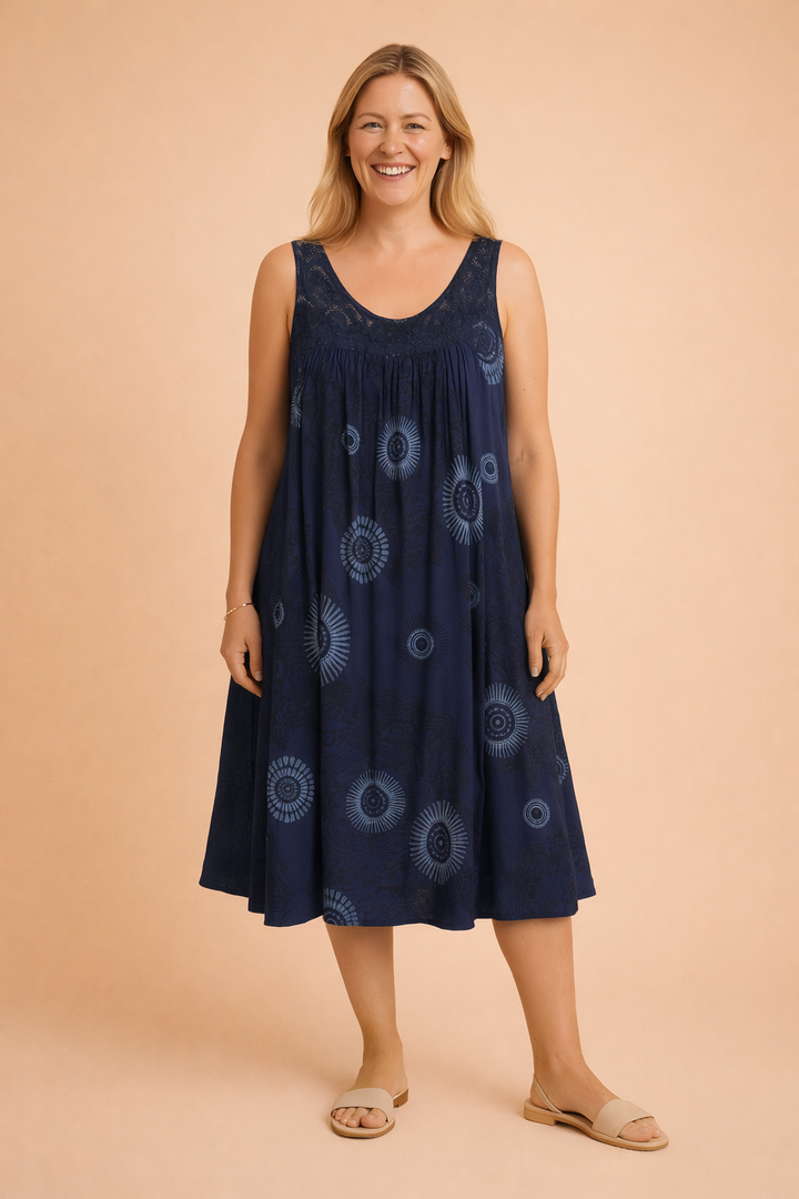 Women's sleeveless bohemian midi dress, relaxed fit, perfect for summer fashion & vacation outfits.