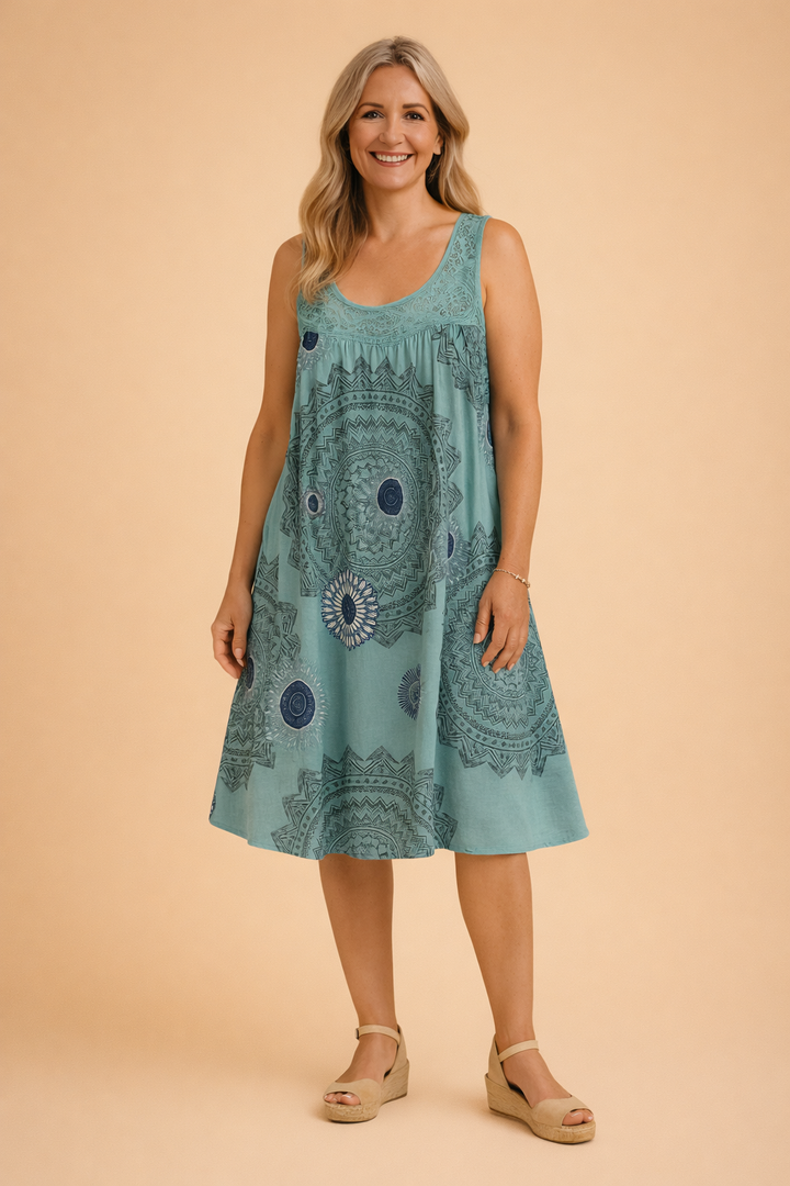 Bohemian midi dress for women, sleeveless, relaxed fit, great for summer and vacation.