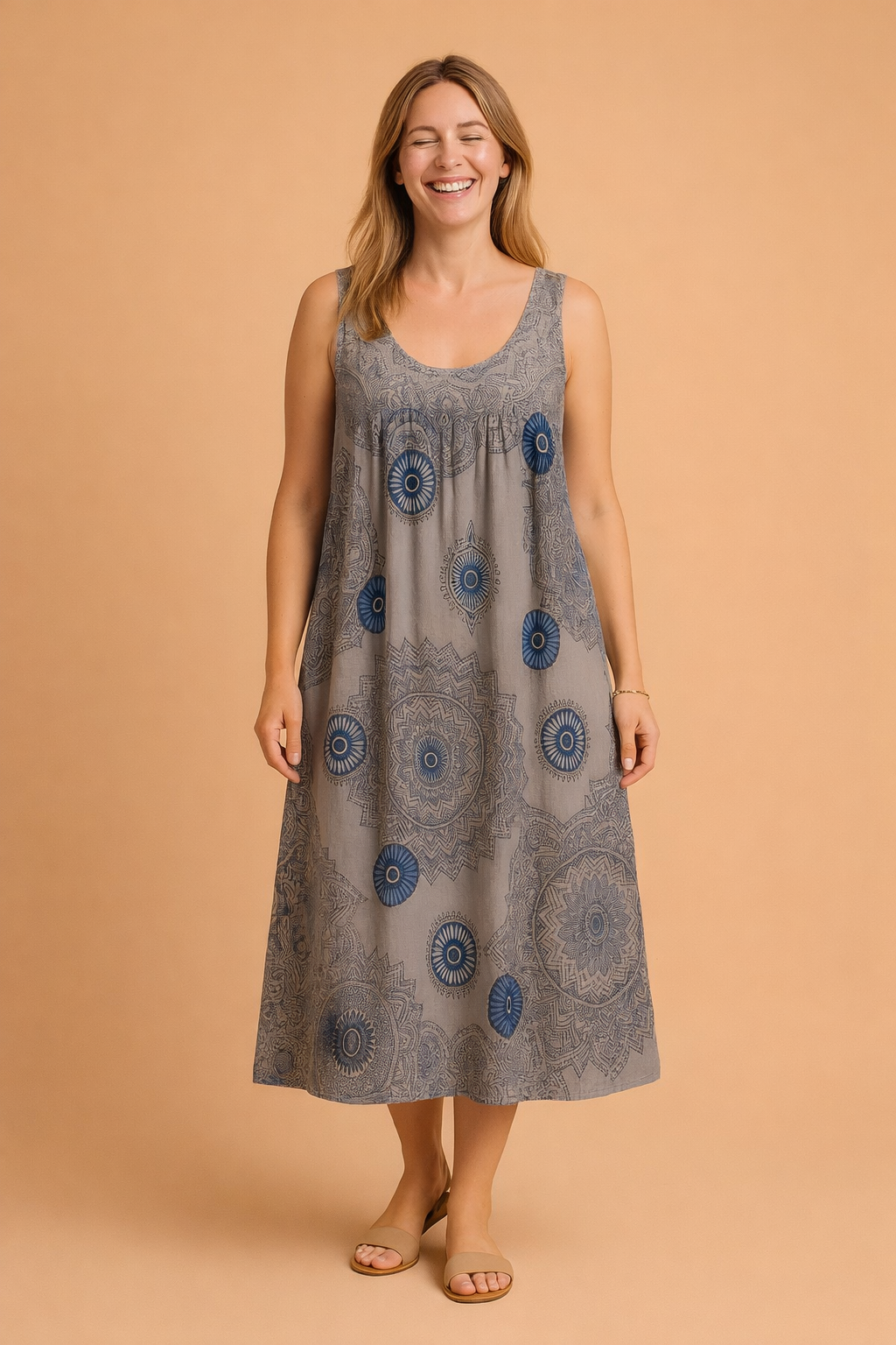 Ladies' airy patterned midi dress, sleeveless bohemian style, perfect for summer casual fashion.