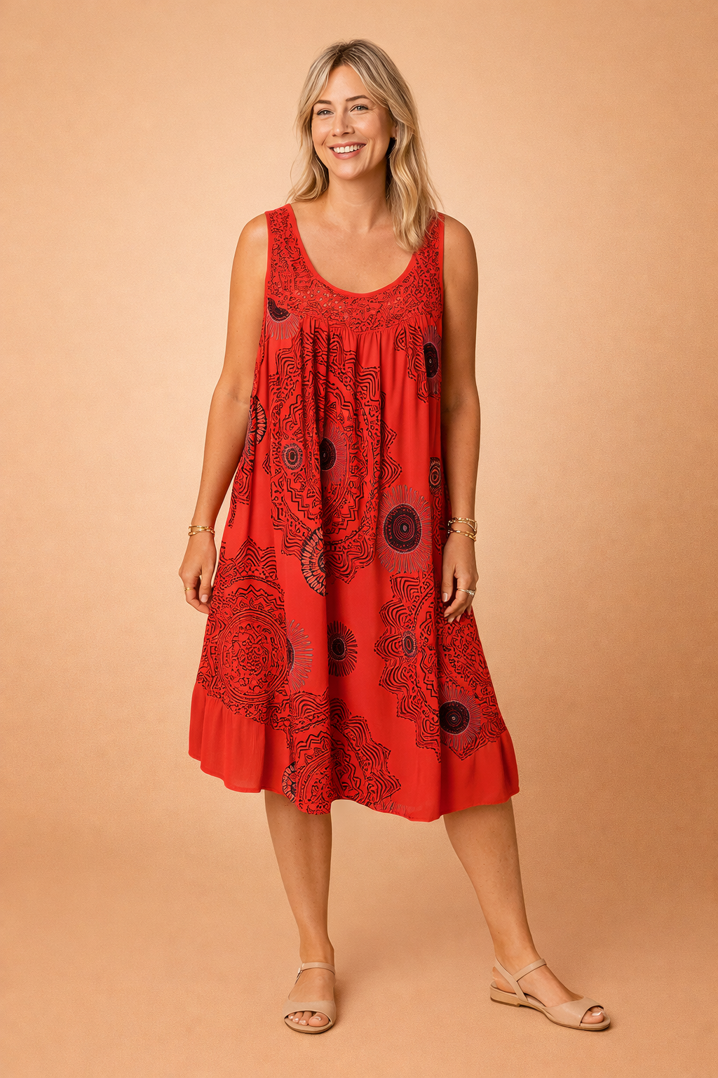 Flowy women's bohemian midi dress, ideal sleeveless vacation outfit for comfortable summer days.