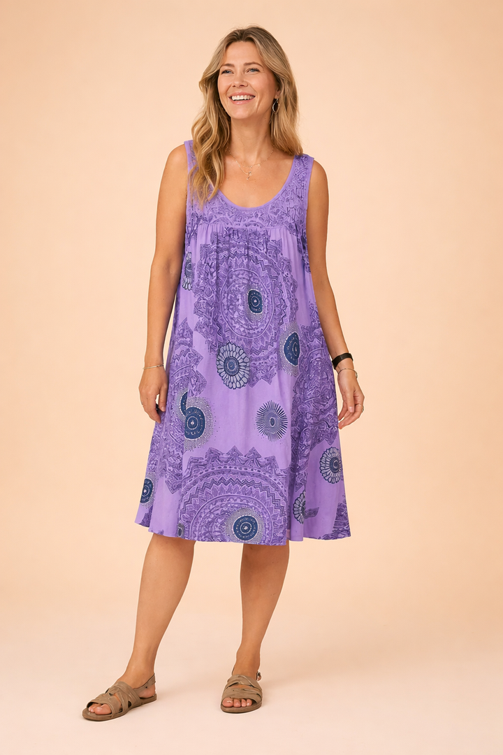 Airy women's bohemian midi dress, relaxed fit, perfect sleeveless summer fashion & casual wear.