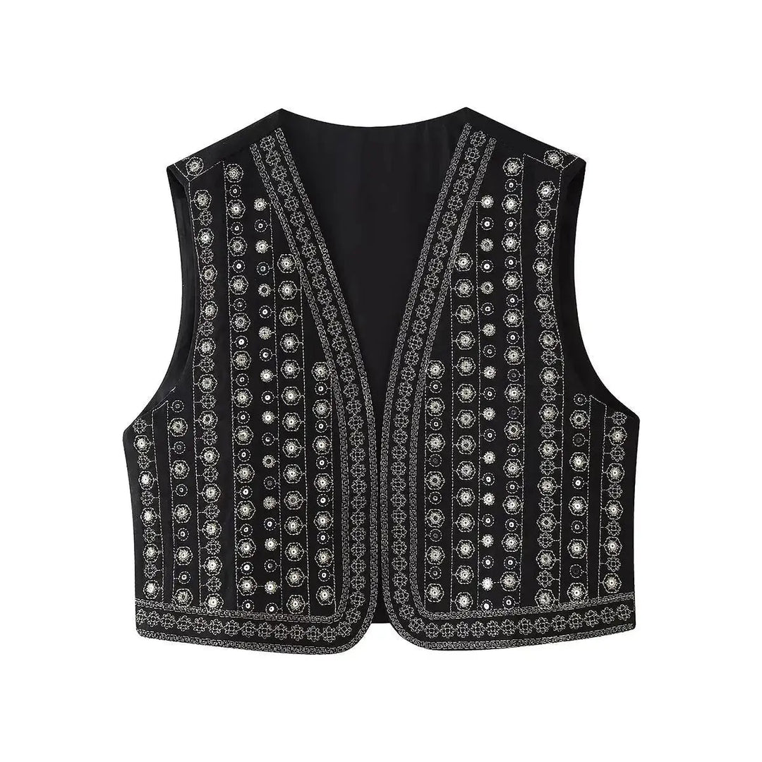 Women's dazzling sequin embroidered sleeveless waistcoat. Boho style vest, perfect for parties & festival layering.