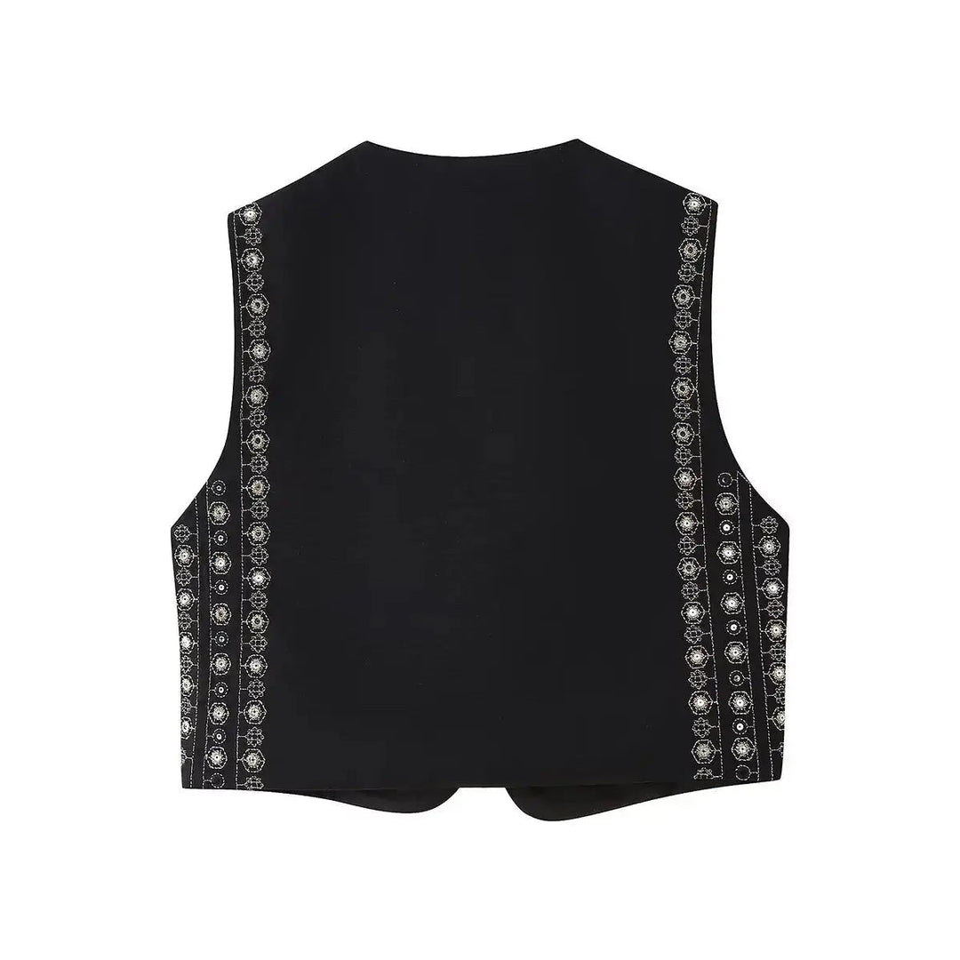 Cropped sequin & embroidered women's vest. Dazzling sleeveless boho waistcoat, ideal for parties & evening wear.