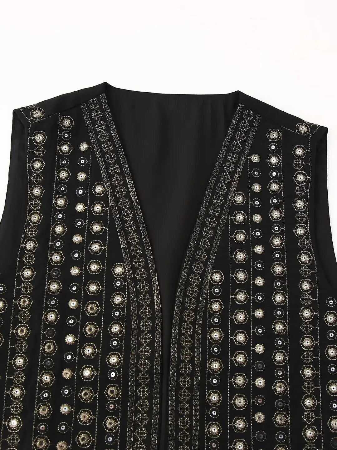 Intricate sequin embroidered women's sleeveless waistcoat. Dazzling boho vest, great as a festival or party layering piece.