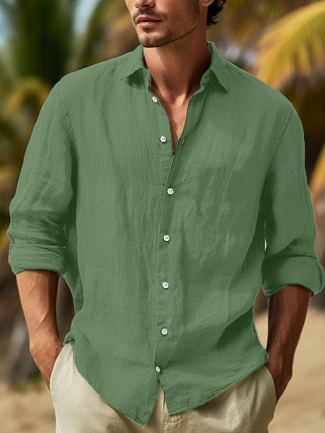 Sleek black men's long sleeve button-down casual shirt, perfect for versatile and stylish outfits.