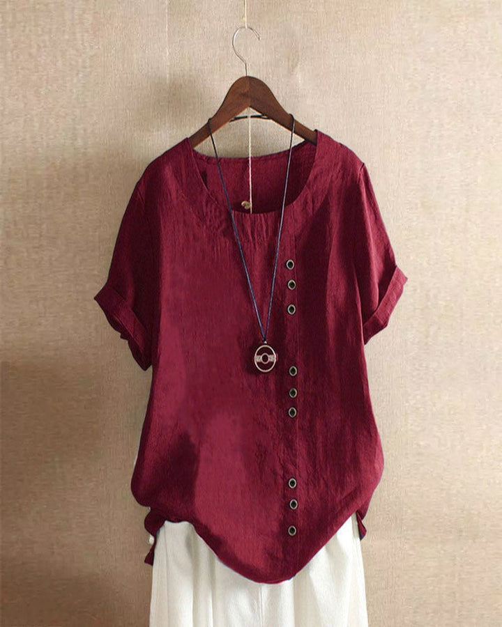 Ladies' short sleeve round neck blouse; an effortless, comfortable, and modern spring/summer top.