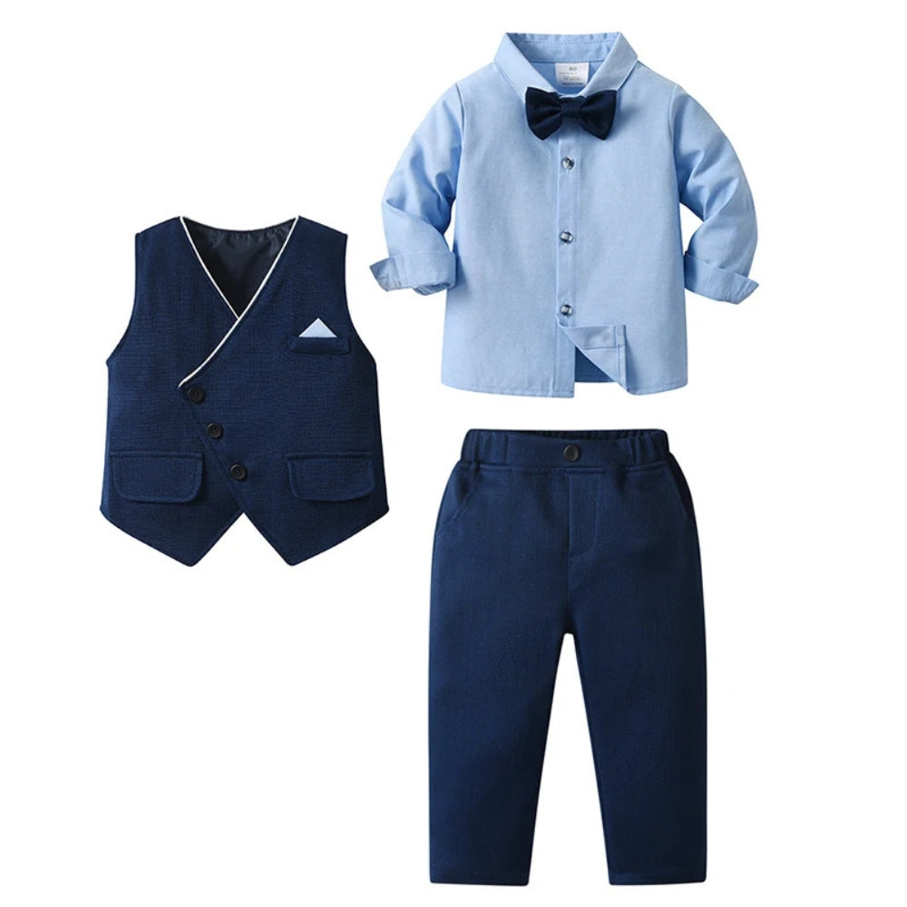 Boys' formal 3-piece suit set with blue shirt, vest, bow tie & trousers for special occasions.