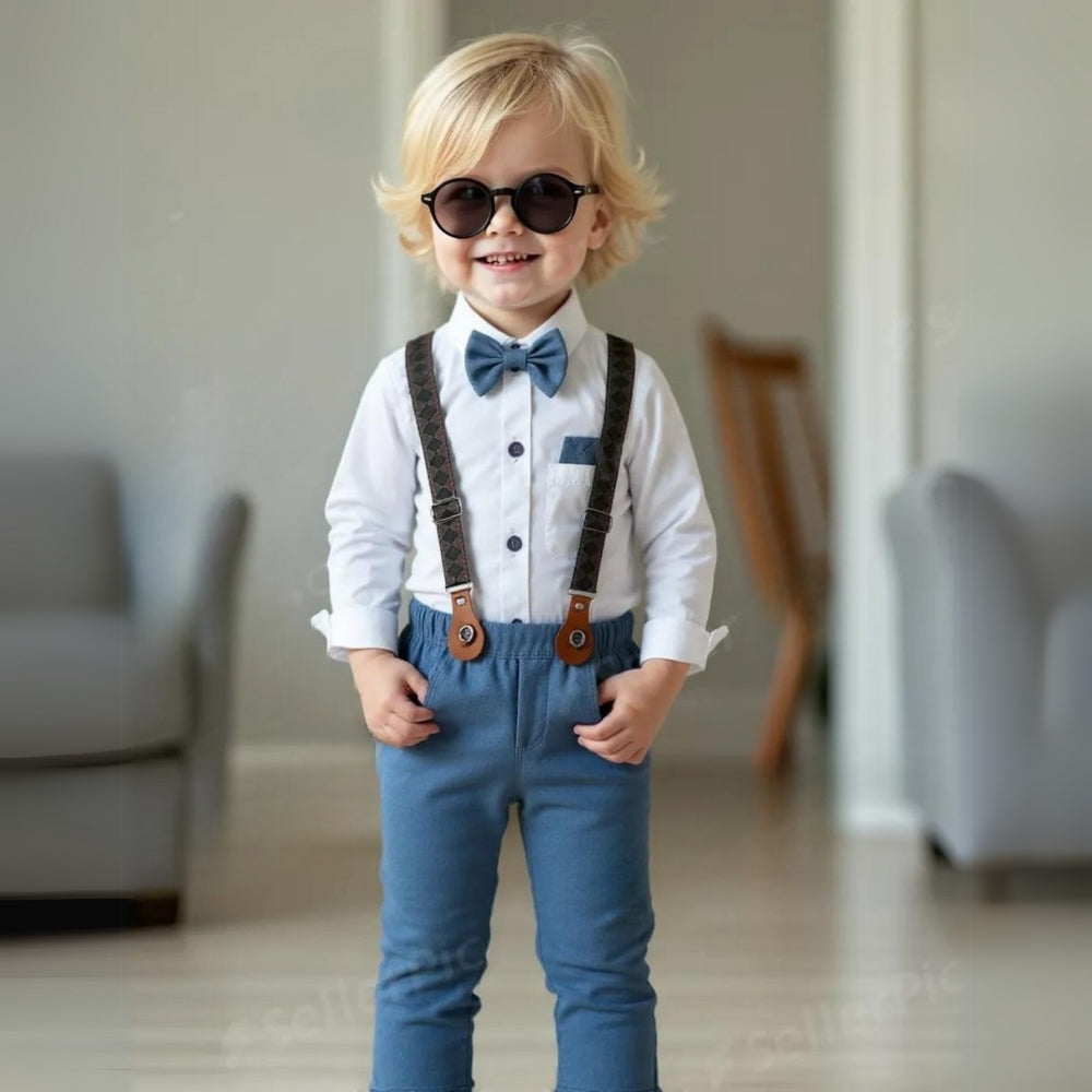 Chic boys' formal wear, a blue 3-piece suit with waistcoat, shirt & bow tie for elegance.