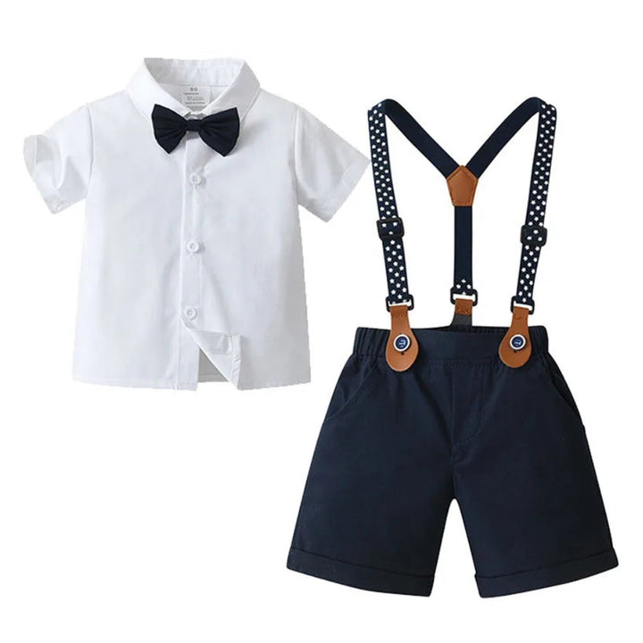 Blue boys' formal suit set, including shirt, vest, trousers & bow tie. Perfect party outfit.