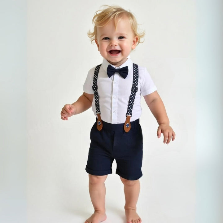 Detail of a boys' formal bow tie on a blue dress shirt. Essential for a gentleman suit.