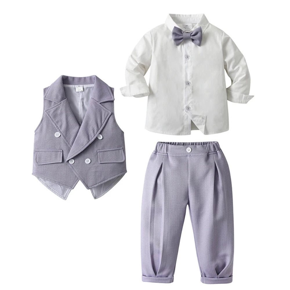 Front view of boys' formal waistcoat & blue shirt. Part of a 3-piece kids' wedding suit.