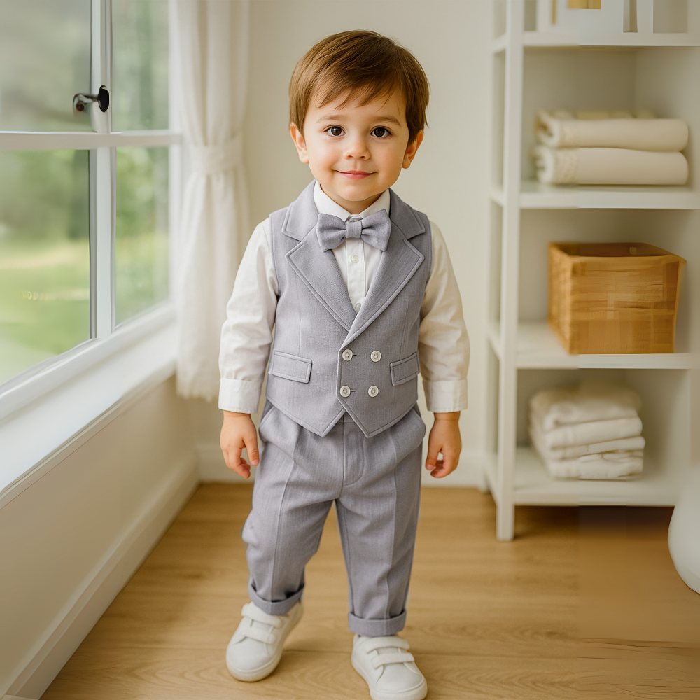 Young boy wearing a complete blue 3-piece formal suit with bow tie for a special event.