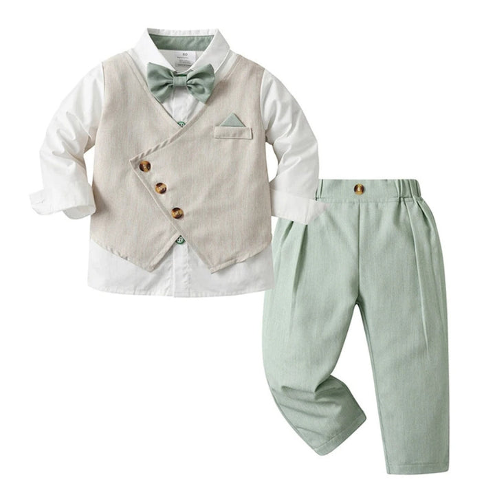 Boys' formal suit set on a hanger: blue shirt, vest, trousers & bow tie. Kids' clothing.