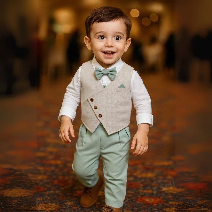 Full length image of a boys' formal 3-piece blue suit, ready for a wedding or party.