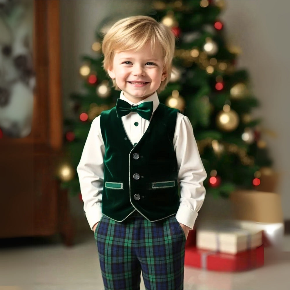 Smart formal wear for young boys: blue shirt, vest, trousers & bow tie. A complete party outfit.