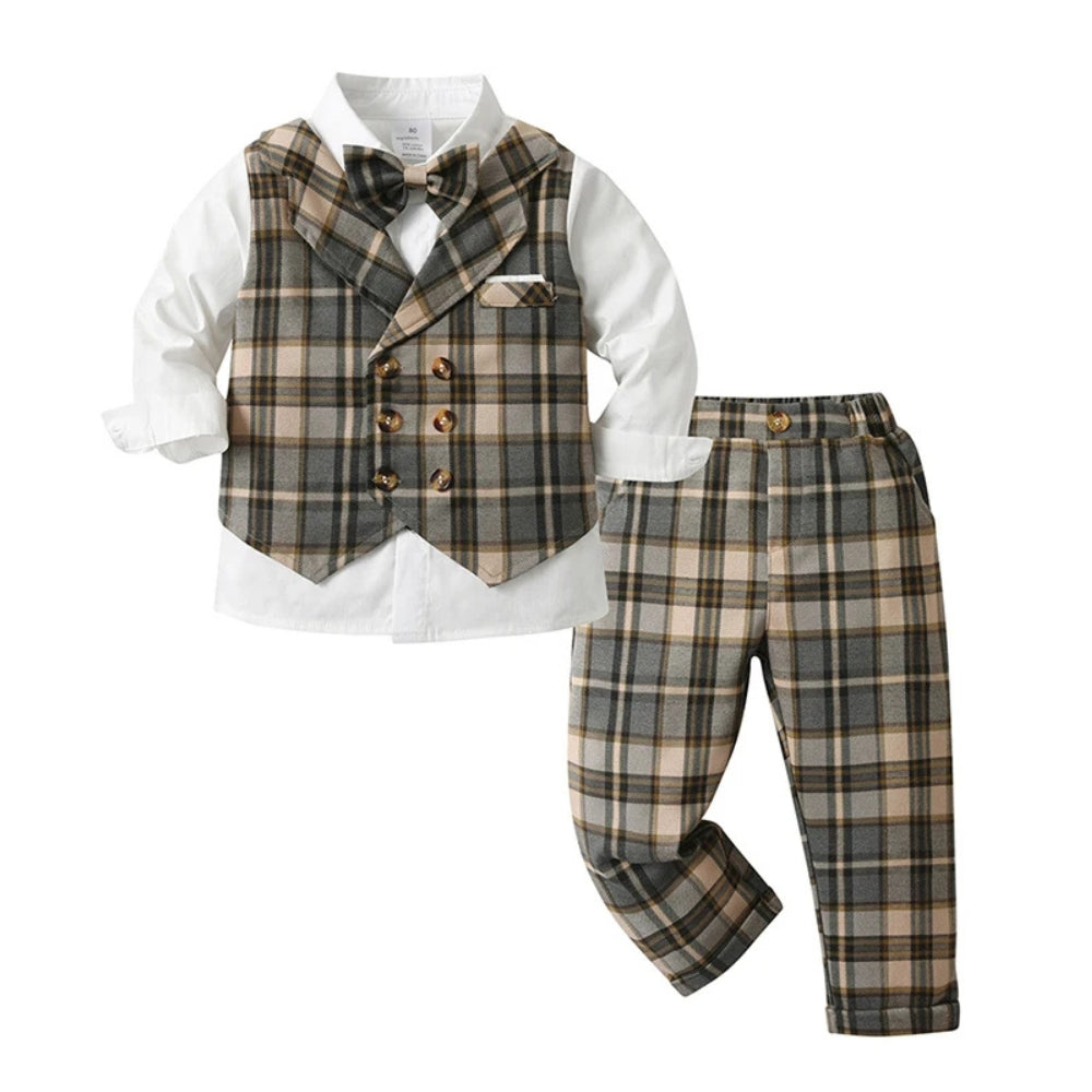 Boys' formal outfit for school events or family gatherings; blue 3-piece suit with bow tie.