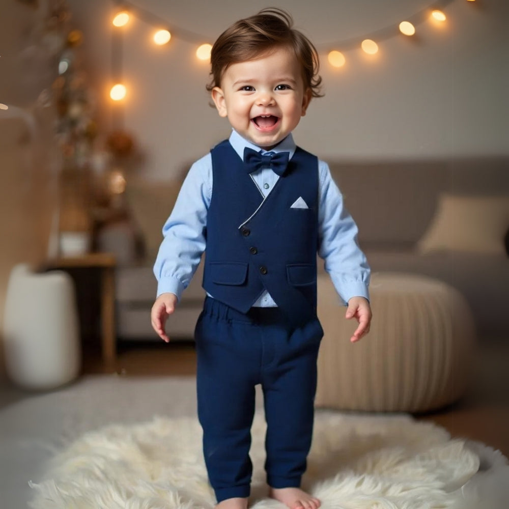Chic boys' blue 3-piece suit, perfect wedding outfit for toddlers and young gentlemen.