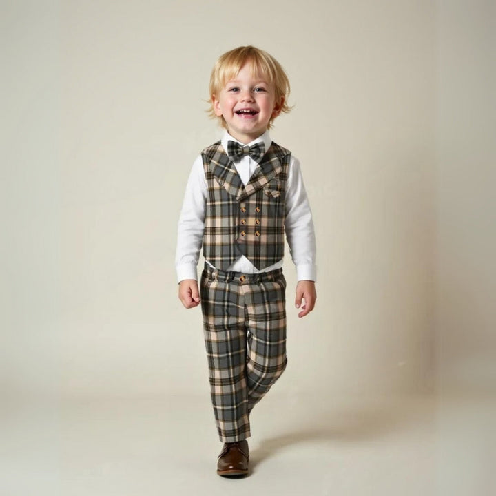 Elegant boys' blue suit with dress shirt, waistcoat, trousers & bow tie. Perfect for parties.