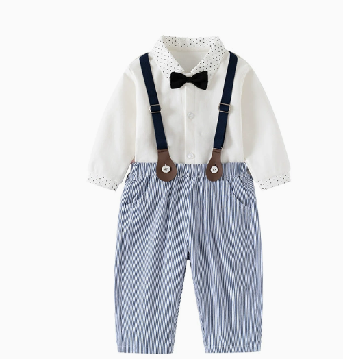 Complete kids' party wear set: blue shirt, patterned vest, trousers, and matching bow tie.