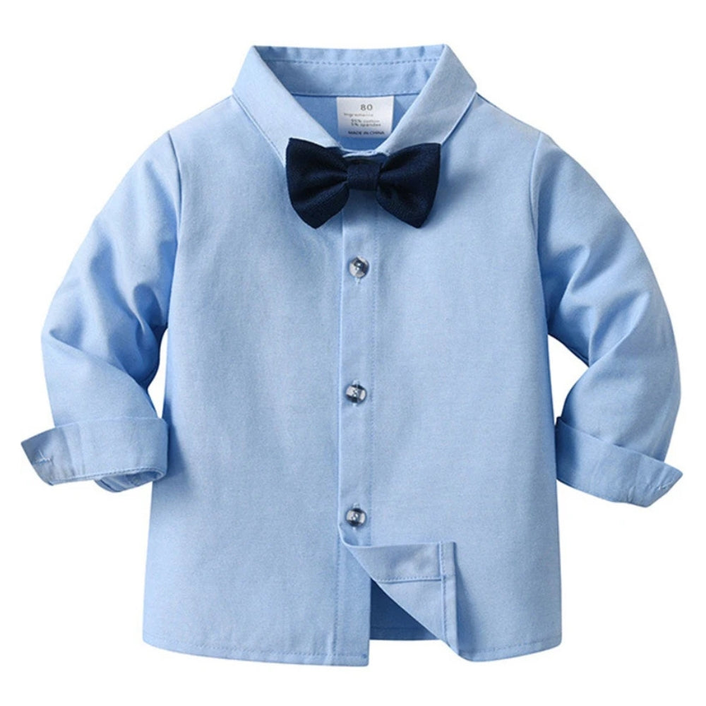 Stylish kids' formal wear: blue shirt, waistcoat, trousers & bow tie for parties.