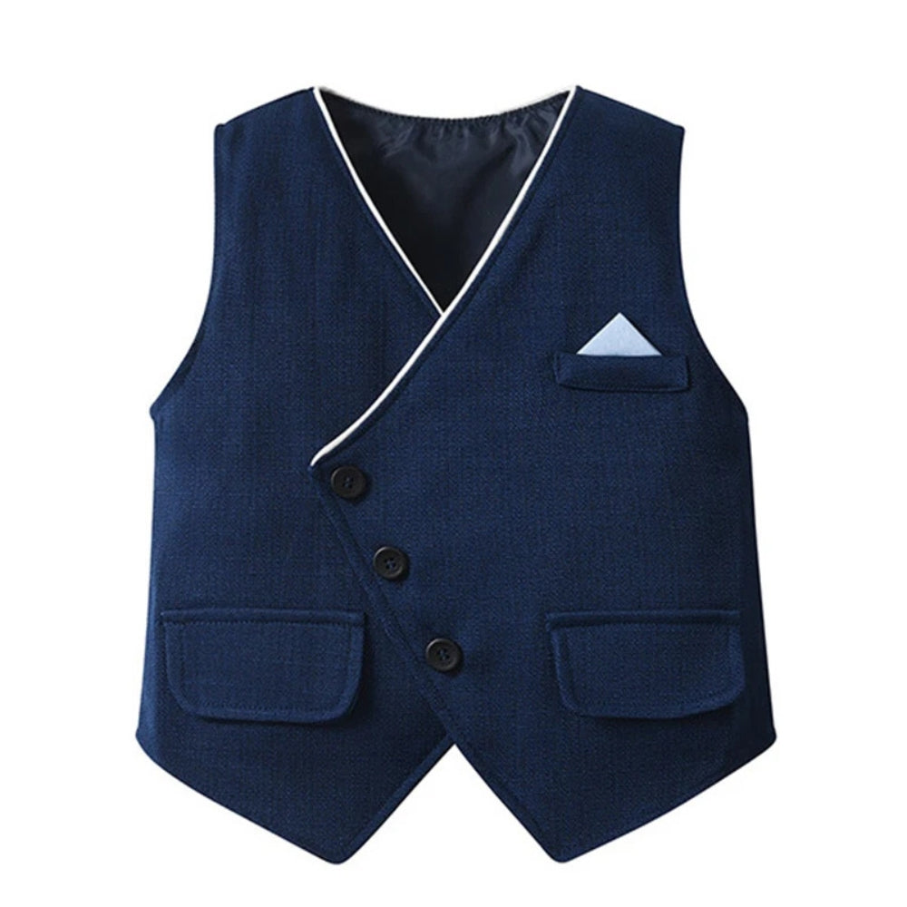 Elegant boys' special occasion suit set with blue shirt, vest, and matching bow tie.