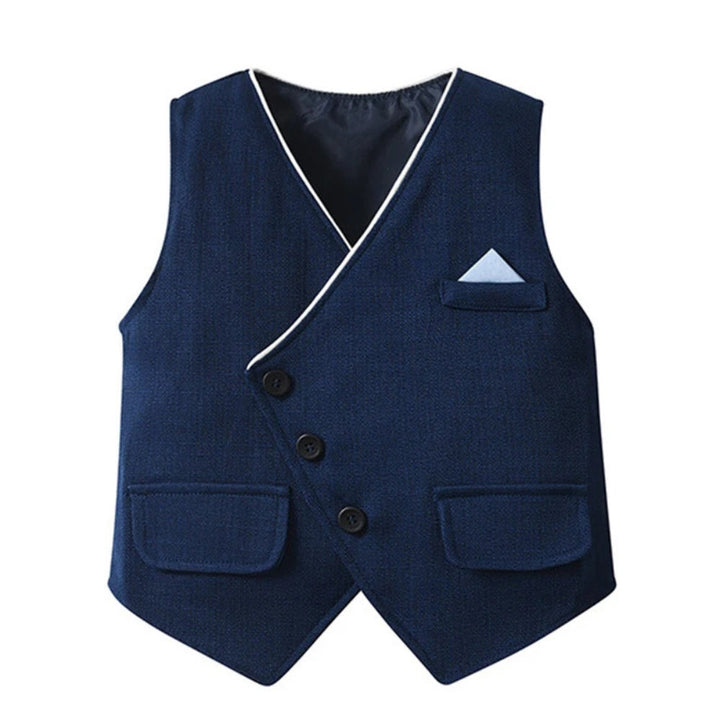 Elegant boys' special occasion suit set with blue shirt, vest, and matching bow tie.