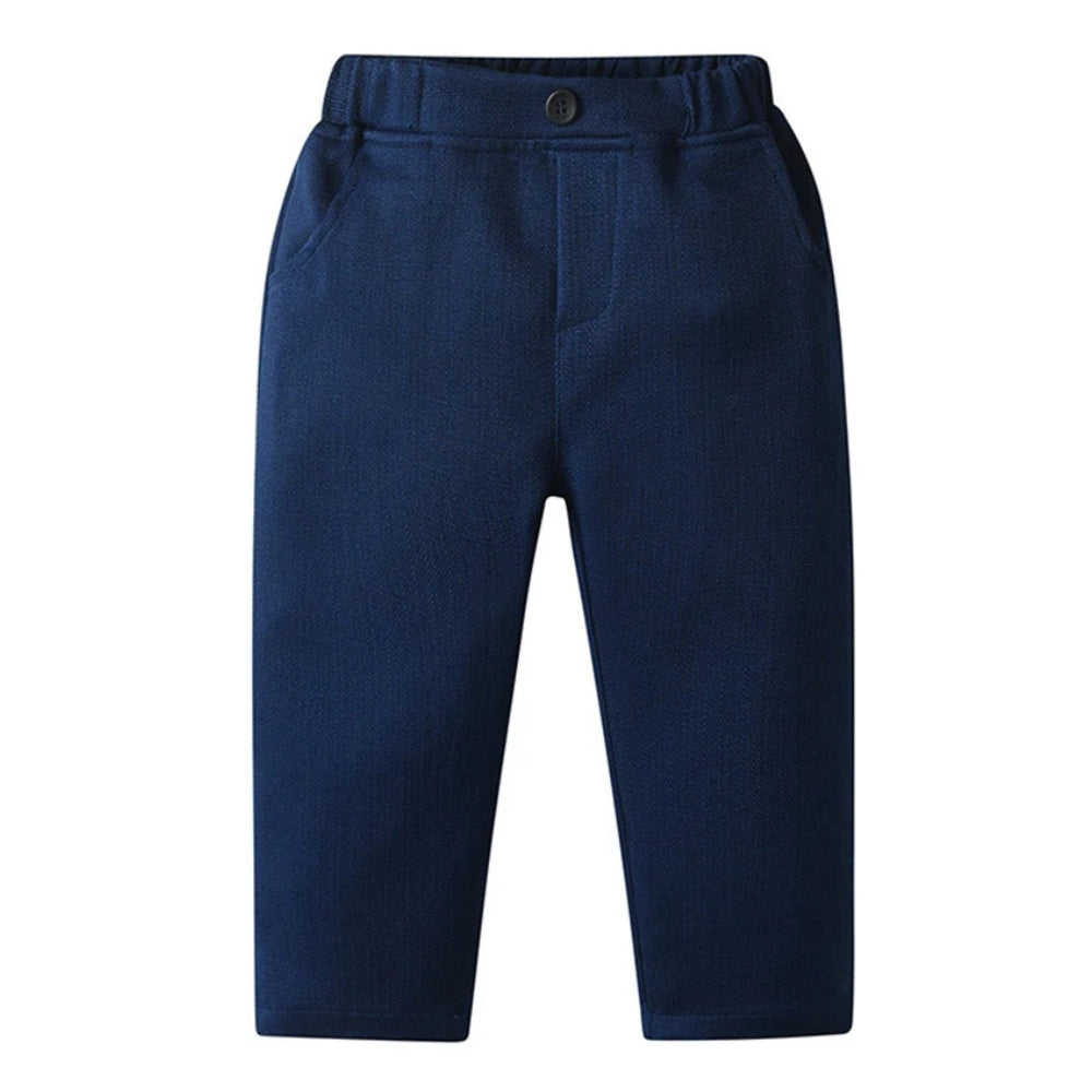A complete gentleman suit for boys, featuring a blue shirt, vest, trousers, and bow tie.