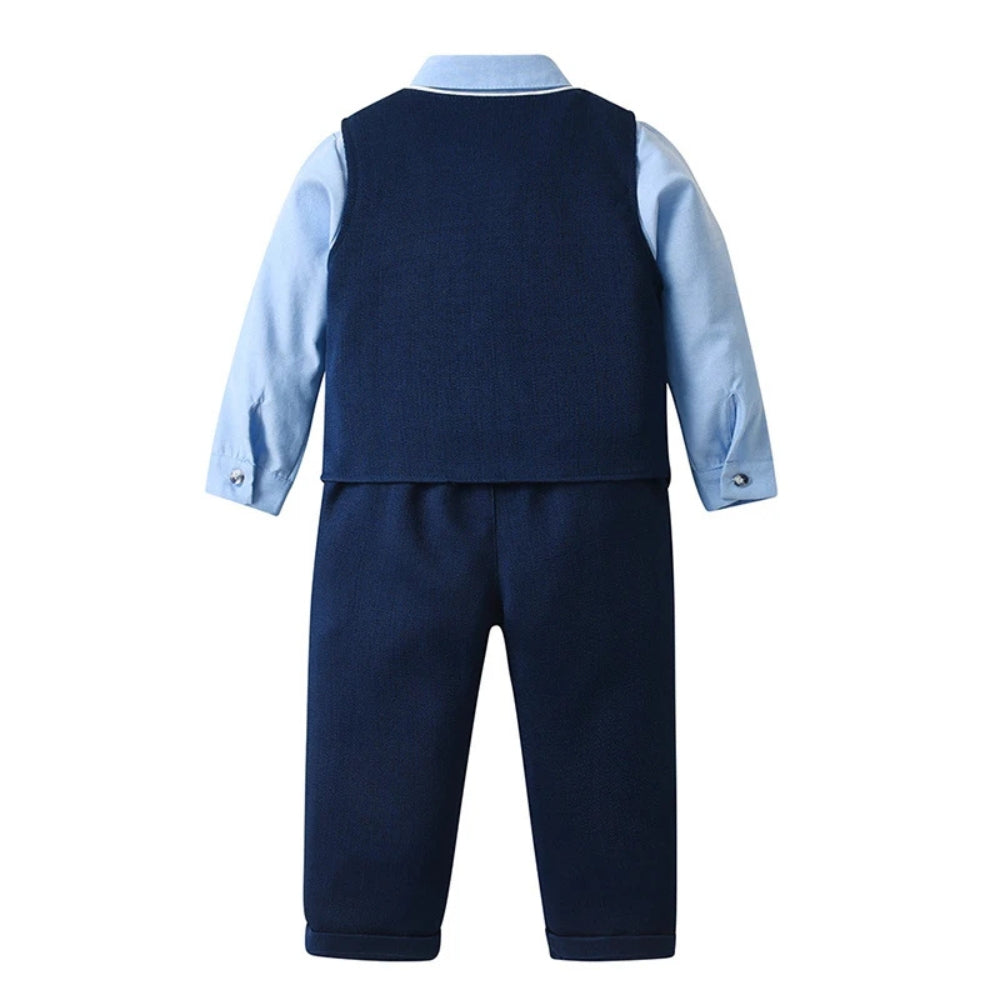3-piece boys' formal outfit: blue dress shirt, patterned vest, trousers & bow tie.