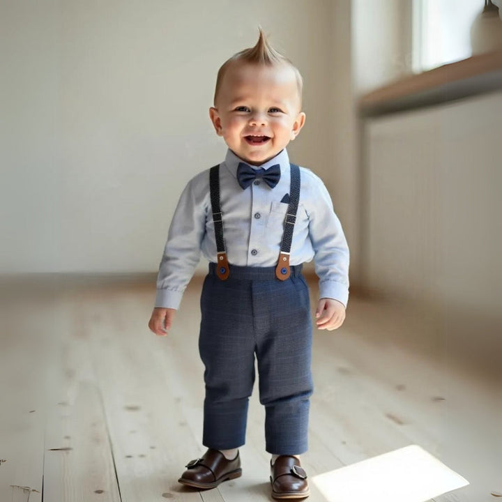 Toddler boys' formal blue suit set with shirt, vest, trousers, & bow tie for events.