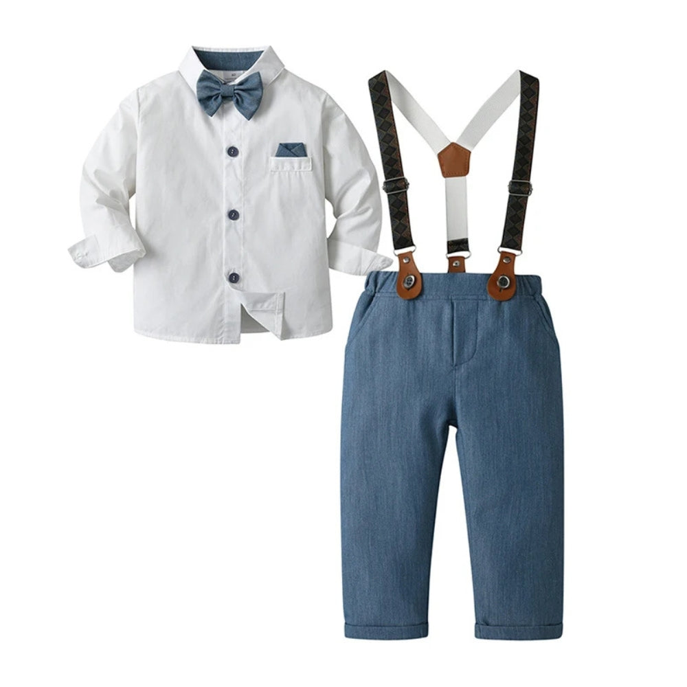 Childrens formal blue suit, a smart 3-piece set with shirt, vest, bow tie for boys.