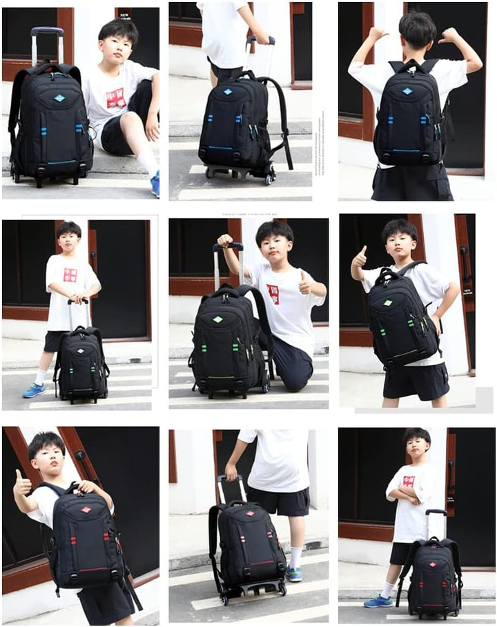 Rugged multi-pocket rolling school backpack for boys. Convertible trolley bag, ideal for students & travel.