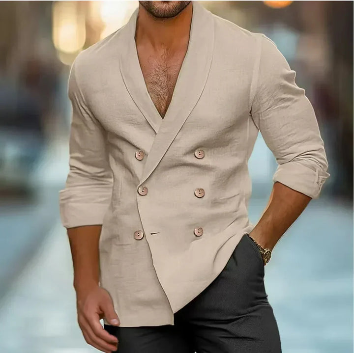 Elegant men's double-breasted blazer with a tailored fit, suitable for sophisticated outerwear.