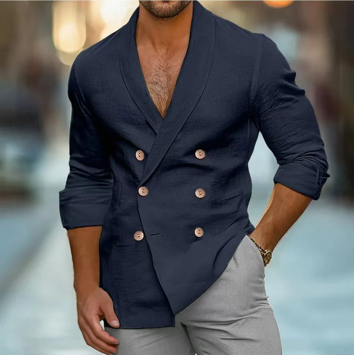 Classic men's tailored fit double-breasted blazer, ideal for smart casual events & professional wear.