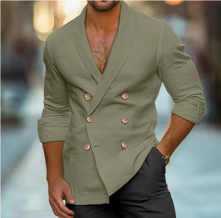 Stylish men's double-breasted tailored fit blazer, versatile for workwear & elegant business fashion.