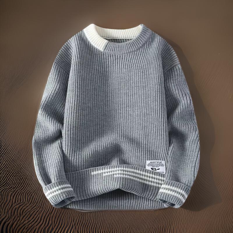 Stylish men's relaxed fit striped pullover sweater, perfect for comfortable fall fashion.