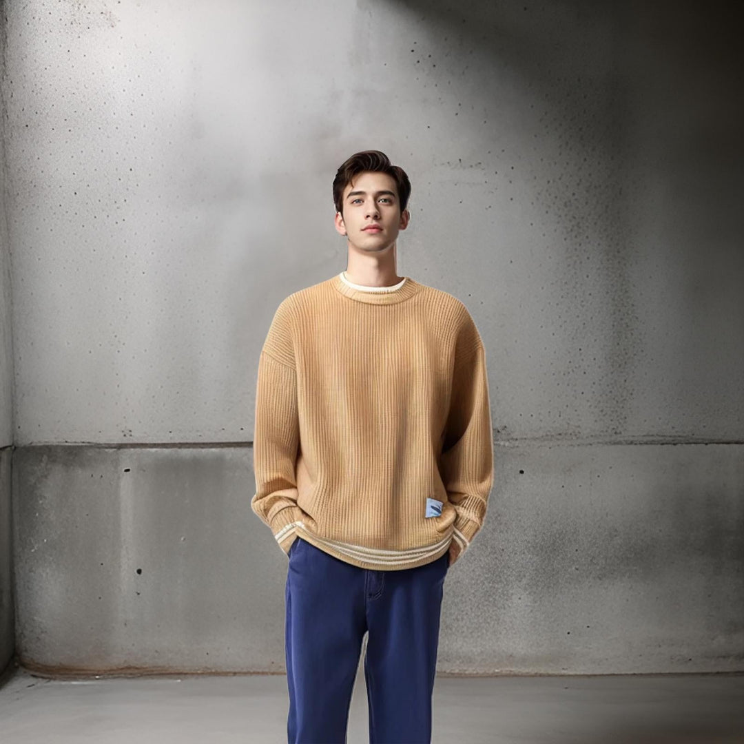 Versatile men's striped relaxed fit sweater, a stylish & comfortable pullover for fall/winter.