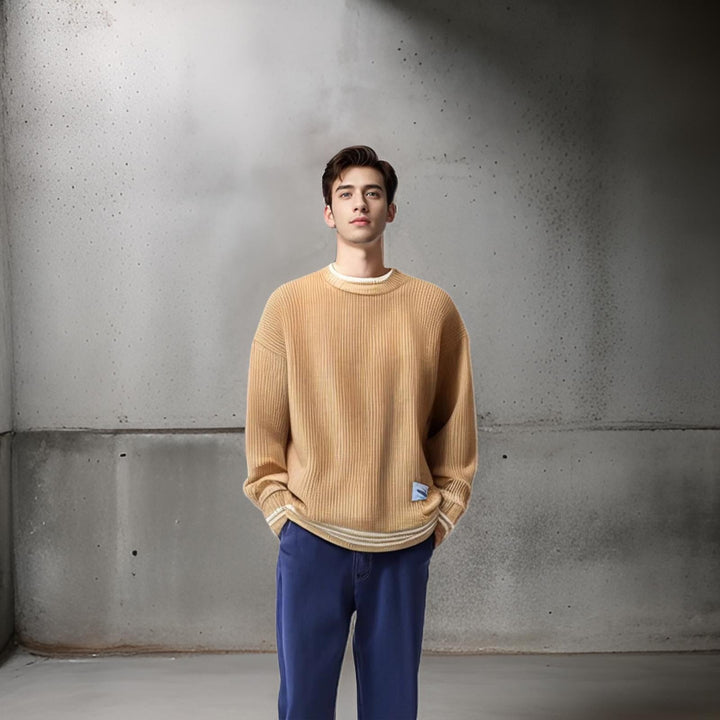 Versatile men's striped relaxed fit sweater, a stylish & comfortable pullover for fall/winter.