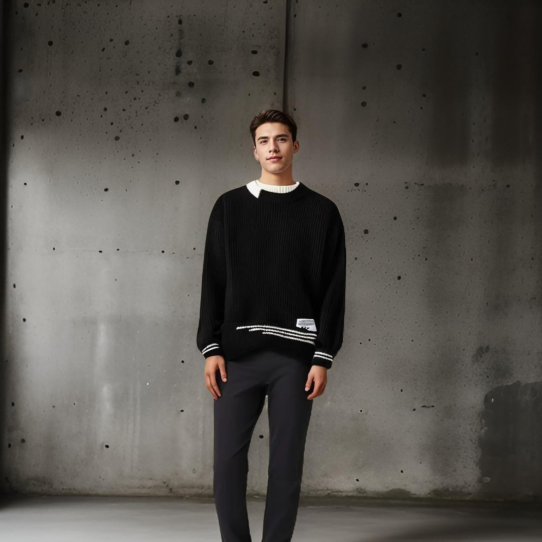 Comfortable men's relaxed fit striped pullover sweater, great for everyday casual fashion.