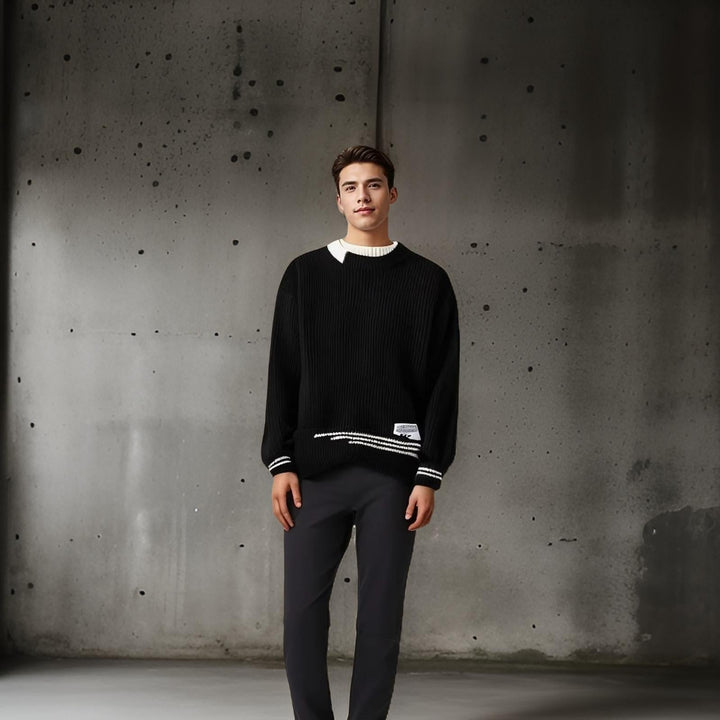 Comfortable men's relaxed fit striped pullover sweater, great for everyday casual fashion.