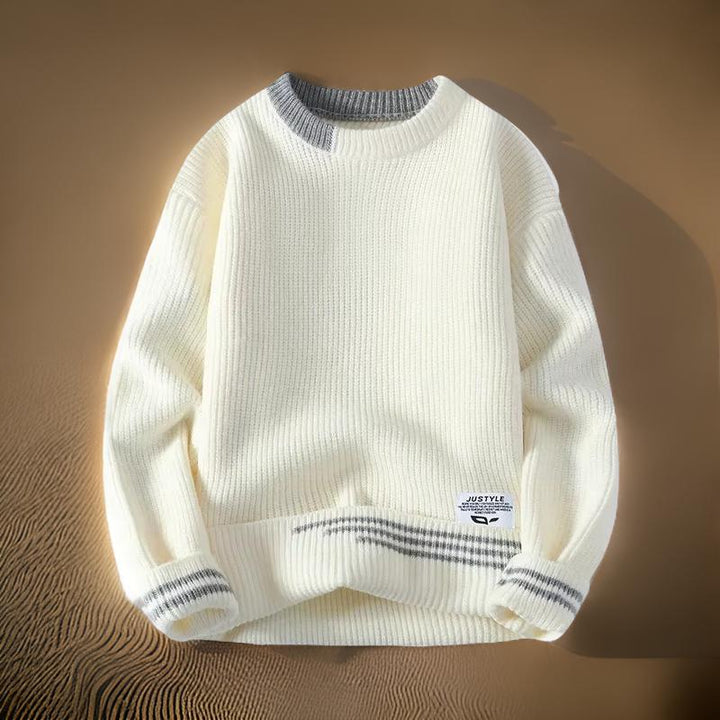 Fashionable men's striped relaxed fit sweater, ideal for comfortable winter & fall style.