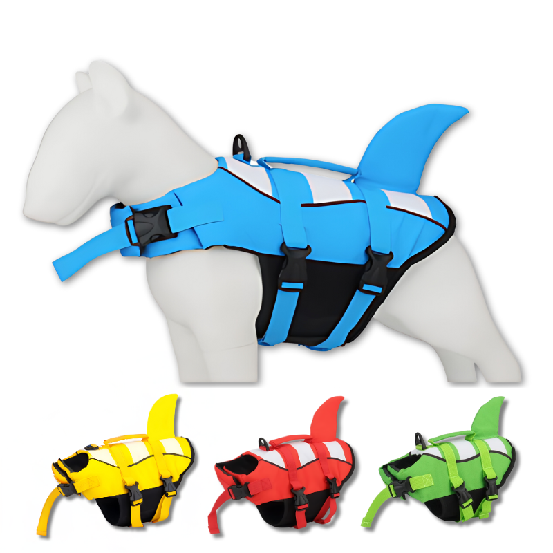 Bright dog life vest for water safety. Secure swim jacket for pets, ensuring floating and fun in the pool or lake.
