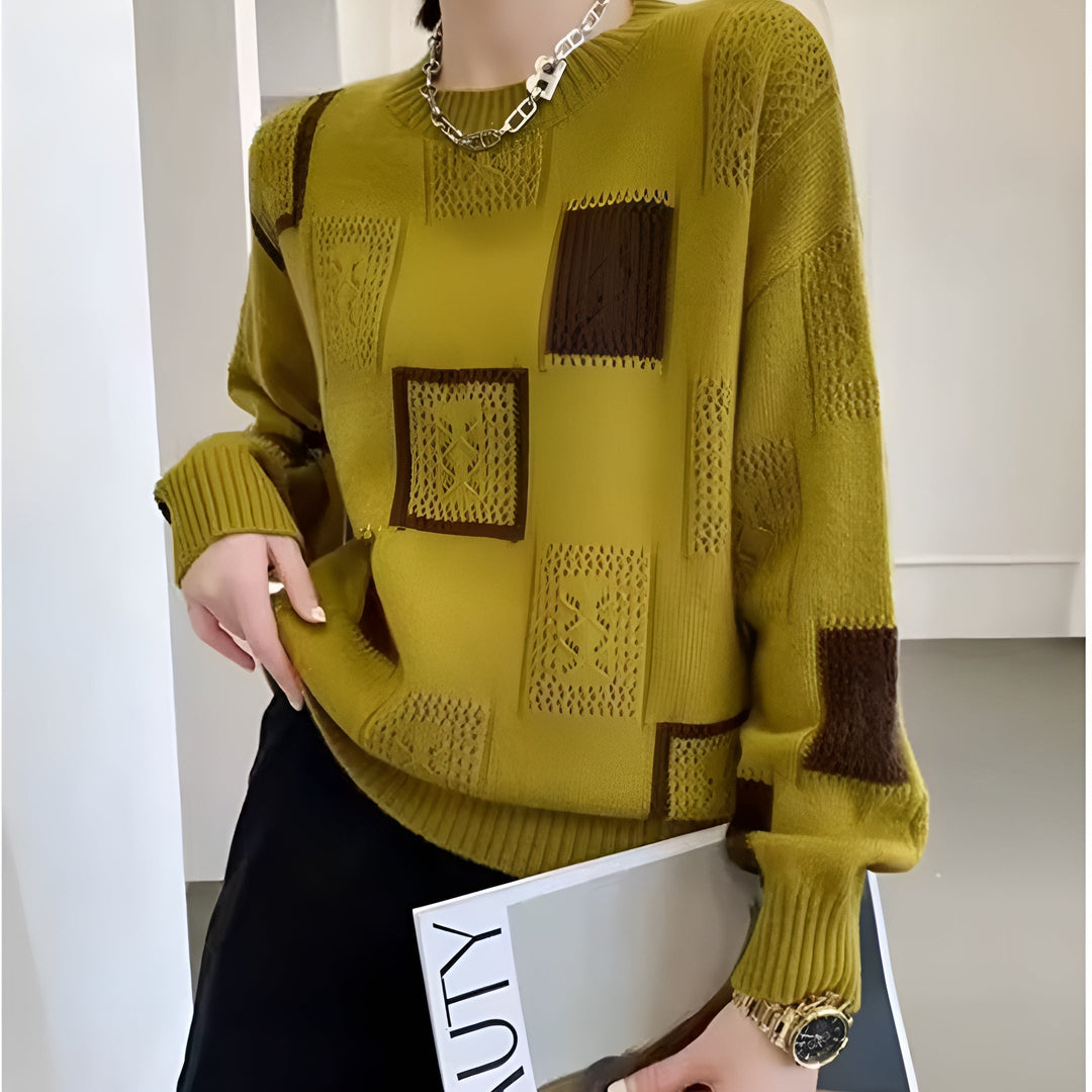 Cozy women's knit pullover sweater, super soft and elegant. Chic long sleeve round neck top for stylish winter wear.
